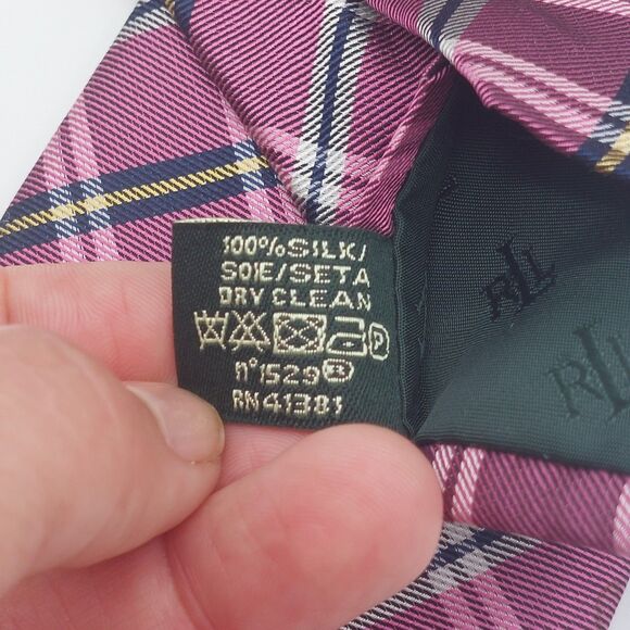 Lauren Ralph Lauren Black Label 100% Silk Men's Neck Tie Pink Plaid Preppy - Picture 4 of 5